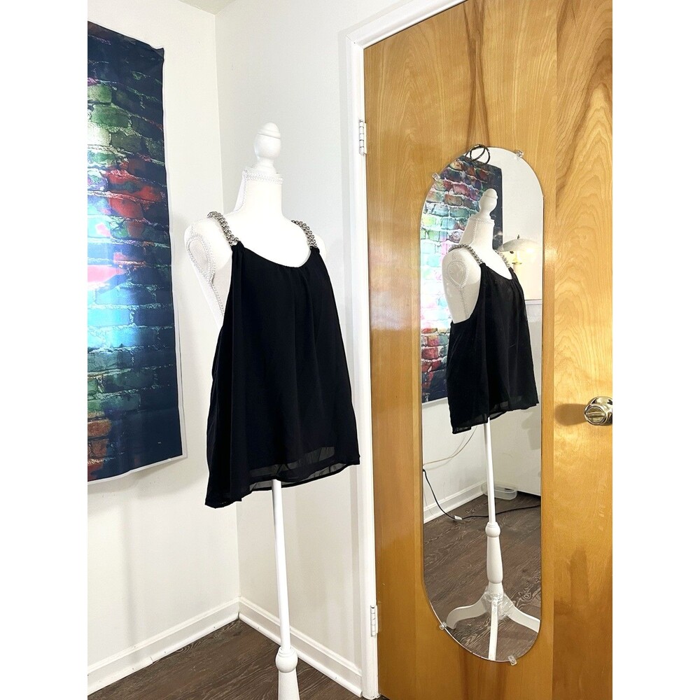 Forever 21 Sheer Chiffon Y2K Metal Bead Strap Black Camisole Babydoll Top